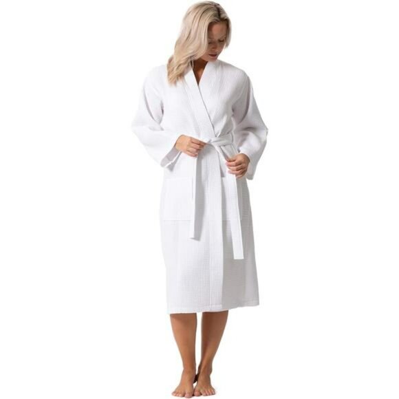 Waffle knit kimono bath robe for women lightweight soft quick dry spa cover - Picture 3 of 8